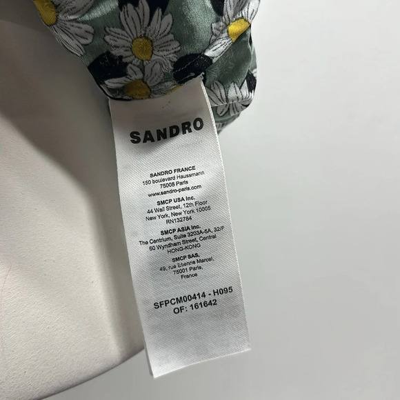 Sandro Blouse Top Shirt Short Sleeve Tie Front Daisy Floral Green New Size Large - Picture 8 of 12
